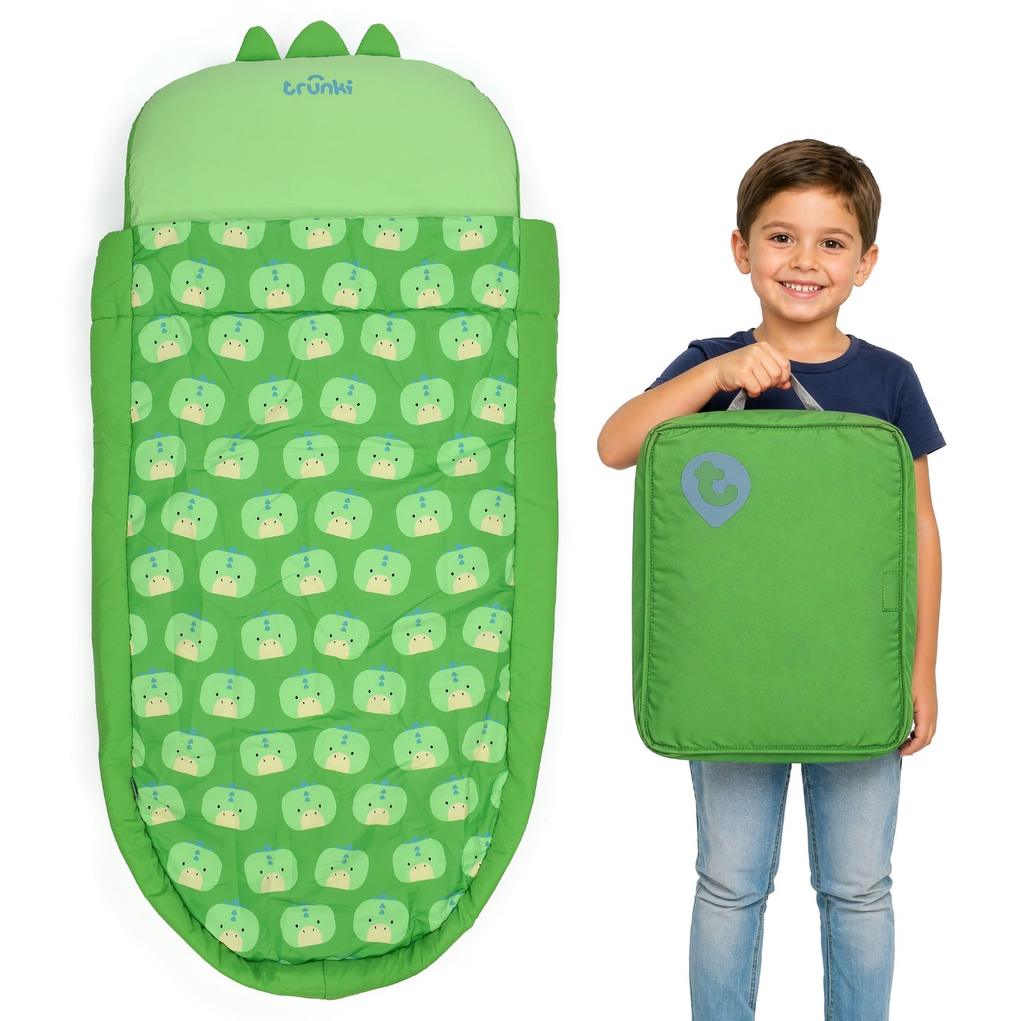 Trunki Kids’ Inflatable Travel Bed & Sleeping Bag - Dudley the Dinosaur (Green)