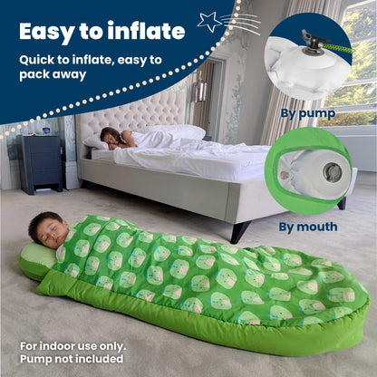 Trunki Kids’ Inflatable Travel Bed & Sleeping Bag - Dudley the Dinosaur (Green)